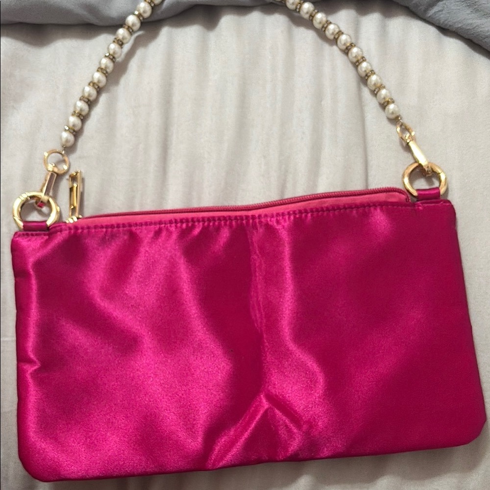 Elegant Pink Satin Clutch with Pearl Strap